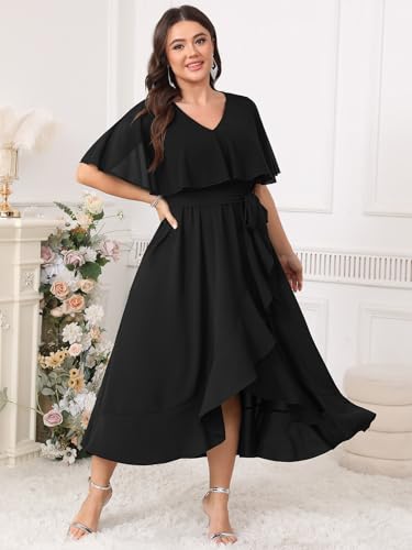 Image of Women Plus Size Long Formal Dress Short Sleeve Chiffon Ruffle V Neck High Low Split Wedding Guest Maxi Dresses