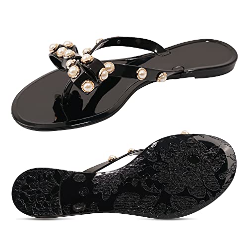 Image of TYFLOVE Women Rivet Flip Flops Studded Jelly Thong Sandals with Bow Summer Bowtie Flat Beach Rain Shoes