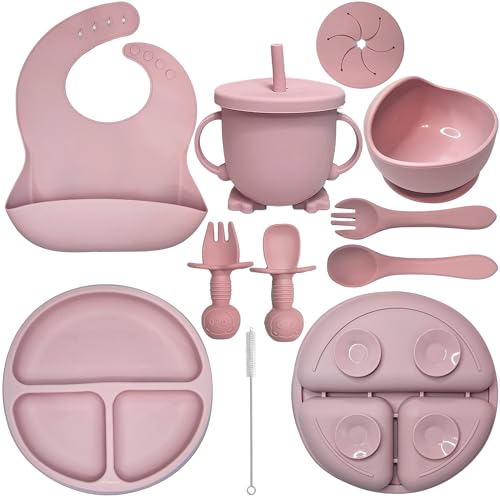 HippoBaby Baby Led Weaning Supplies |10 Piece Silicone Baby Feeding Set, Baby Toddler Bib Cup Divided Plate and Bowl Self Feeding Spoons Dish Set | Baby Utensils,Toddler Feeding Supplies (Rose Quartz)