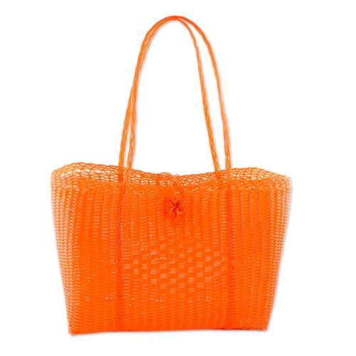 NOVICA Artisan Handwoven Tote Eco Friendly in Tangerine from Guatemala Handbags Orange Shoulder Patterned Recycled ' Undeniable Beauty in Tangerine'