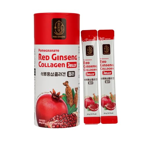 Fine Ginseng Pomegranate Red Korean Ginseng plus Fish Marine Collagen Jelly contain Pomegranate and beetroot extract - 300g (20g x 15 Sticks) for Boost Immunity Skin Hair Nail & Joint
