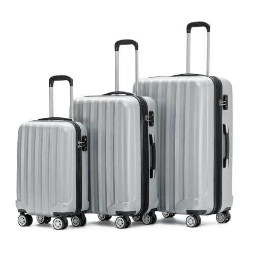 BEIBYE TSA-Schloß 2080 Zwillingsrollen 3 TLG. Reisekofferset Koffer Kofferset Trolley Trolleys Hartschale (Silber)