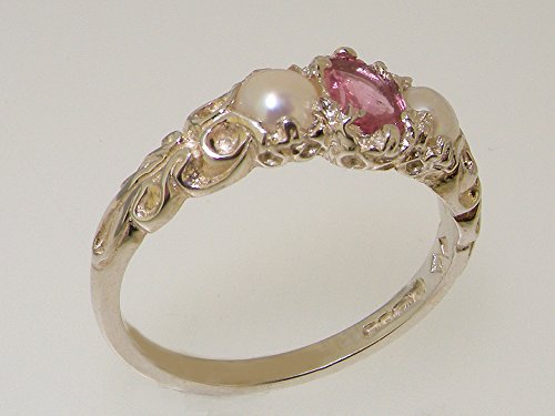 925 Sterling Silver Real Genuine Pink Tourmaline & Cultured Pearl Womens Trilogy Engagement Ring - Size 6 #TOP3