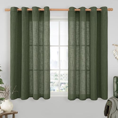 Image of LAMIT Olive Green Light Filtering Linen Curtains, 54 inch Length Linen Textured Semi Sheer Bronze Grommet Christmas Room Drapes for Bedroom /Living Room, 2 Panels, 52 x 54 Inch