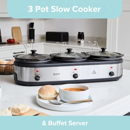 Quest Triple Slow Cooker, Buffet Server & Food Warmer, 7.5L Total Capacity - 3x 2.5 Litre Ceramic Pots, Easy to Clean, Includes Lids & Lid Stands, 3 Heat Settings