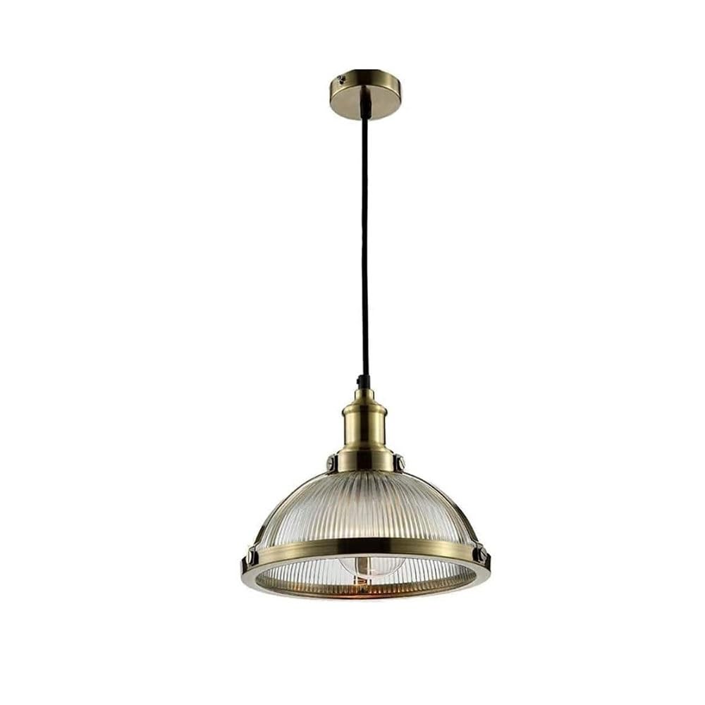 BLOOHK Vintage Brass Pendant Light, Industrial Ribbed Glass Dome Hanging Lamp, Retro Metal Chandelier for Kitchen Island, Dining Room, Bar, Farmhouse Style Decor