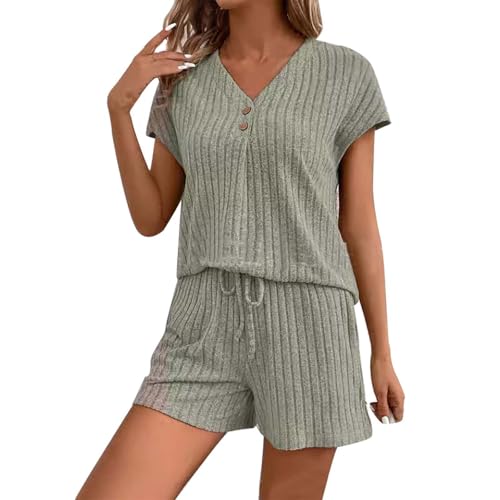 Conjuntos de Pijamas para Mujer Conjuntos de Punto Acanalado Conjunto de de Dormir Informal de Manga Corta Pijamas Mujer Tallas Grandes (JN, XL)