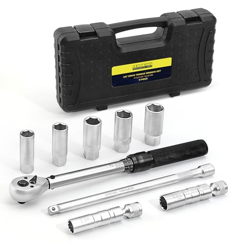 ARUCMIN 9-Piece Spark Plug Socket Set with 3/8 Inch Drive Click Torque Wrench,72 Tooth 10-45 Ft.Lbs (13.5-61Nm) Torque Wrench Set CR-V Steel Magnetic Swivel Spark Plug Set