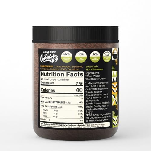 Image of Nutribarn Sugar-Free Hot Chocolate Mix 200g. 1.6g Net Carb. Zero added Sugar, Low Carb, Low Calorie. Sweetened with Sucralose.
