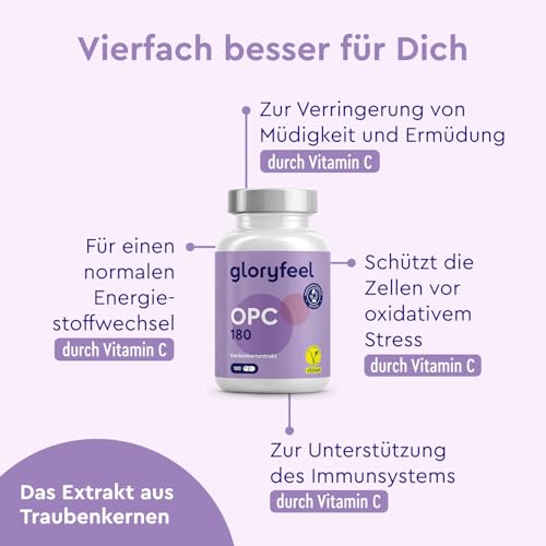 OPC Traubenkernextrakt Kapseln - 1052mg Extrakt PLUS Vitamin C pro Tagesdosis - Original französische Weintrauben - 180 vegane Tabletten - Unabhängig laborgeprüft