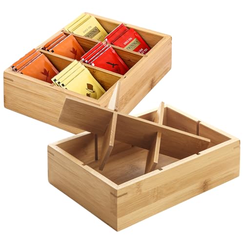 Oungy 2 Pack Bamboo Tea Bag Organizer, 24x16x6.5cm Wood Hot Tea Bag Drawer Storage Organizer Holder with 6 Compartments, Tea Box Organizers