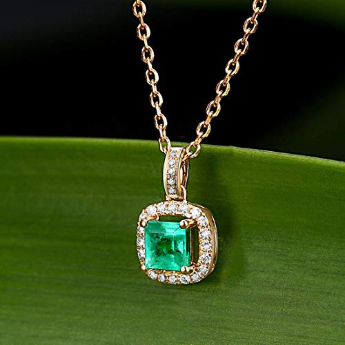 Carleen 14K Solid Yellow Gold May Birthstone 0.38CT Square Green Emerald 0.1CTTW White Diamond Small Dainty Multi-Gemstone Halo Pendant Necklace Fine Jewelry Valentines Day Gifts for Women, 18 Inch3
