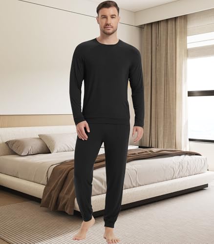Image of NACHILA Mens Pajamas Set Long Sleeve Henley Sleepwear Top Soft Jogger Pants Pajamas Cool Pjs Set,Viscose Made from Bamboo