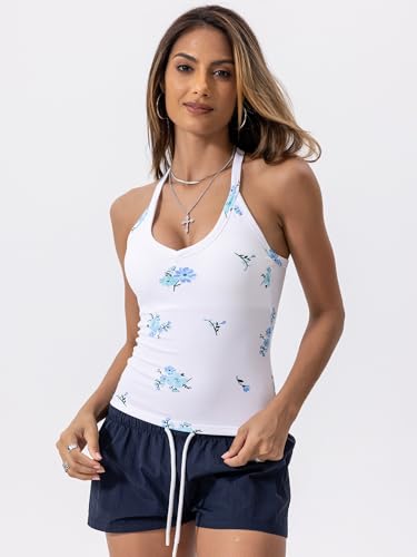 Image of Danysu V Neck Racer Back Tank Top for Women Padded Ribbed Long Tank Fitted Basic Cami Tops