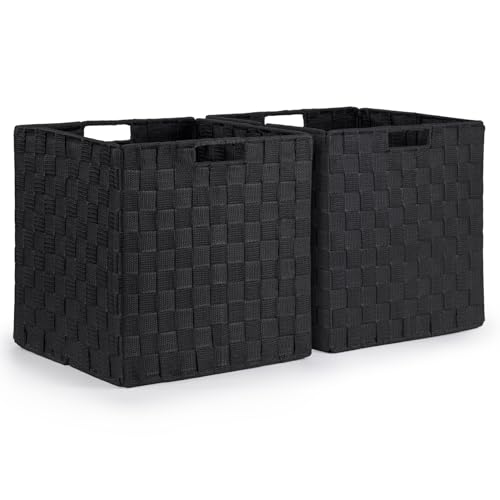 EHC Set of 2 Large Foldable Woven Storage Baskets for Shelves, Collapsible Hamper Basket, Black