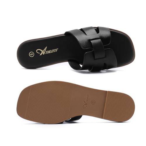 Athlefit Women's Black Flat Sandals Fashion Square Open Toe Dressy Summer Slip On Leather Slide Sandals Size 10 — view 4