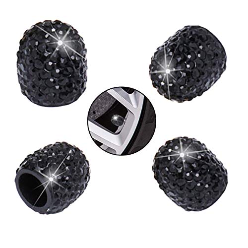 Valve Stem Caps, Car Wheel Tire Valve, 4 Pack Handmade Crystal Rhinestone Universal Car Tire Valve Caps Chrome, Attractive Dustproof Bling Car Accessories (A-Black)
