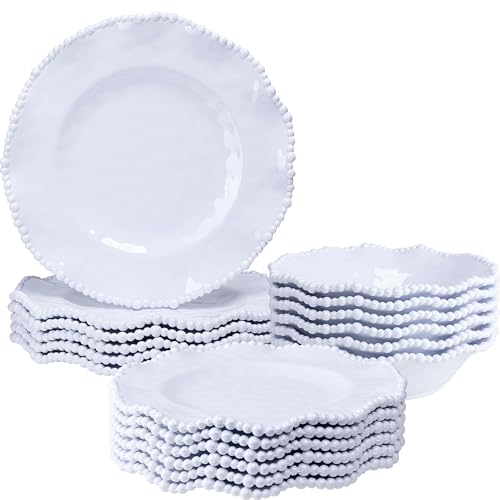 ZAROCRUS White Beaded Melamine Dinnerware Set, 18 piece Dishwasher Safe Plates and Bowls for Dining, Parties, Camping Dish Set by ZAROCRUS - Used condition - US$60.53