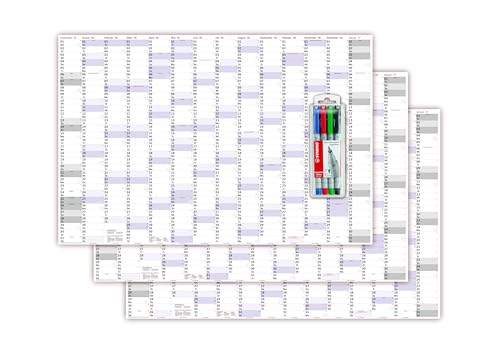 3 Stück XXXL Wandkalender Special A0 2026 nass abwischbar inkl. Stifteset vierfarbig (Format 120 x 80cm) Jahresplaner Wandplaner gerollt mit extra großen Tageskästchen