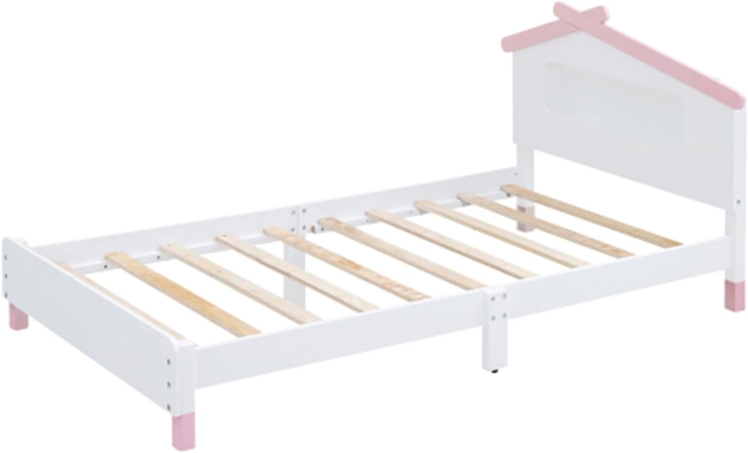 Twin Size Wood Platform Bed with House-Shaped Headboard and Motion Activated Night Lights (White+Pink)