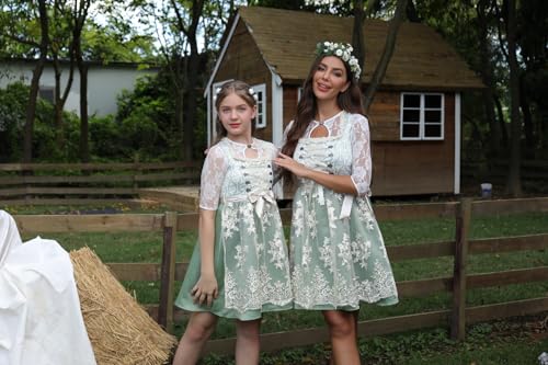 Dirndl Mädchen Kinder Outfit mit Spitzenschürze Kinder Kleid hochwertige bayerische Tracht ideal für Feste und Feiern Girl Cosplay Outfits Als Eltern-Kind-Bekleidung verwendbar Kleid(Grün,7Y)