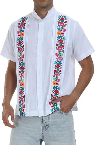 YZXDORWJ Men's Mexican Cuban Shirt Embroidered Traditional Button Down Shirt Summer Band Collar Short Sleeve Tops - Main Image