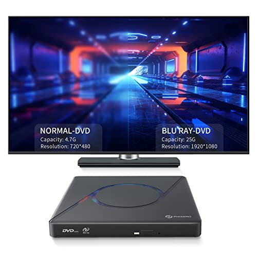 PHIXERO Externer 3D-Blu-ray-DVD-Brenner, tragbares Blu-ray-Laufwerk USB 3.0 mit 100 GB Disc-Brennfunktion und USB-Kabel für Mac OS, Windows XP/7/8/10, Linux, Vista, Laptop-PC