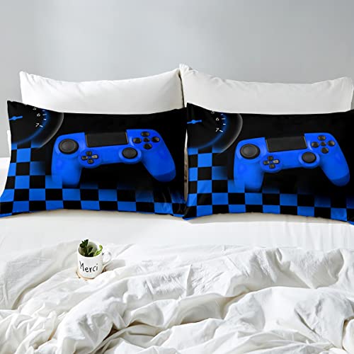 Gaming Comforter Cover For Teen Boys Game Room Decor Duvet Cover Kid Girls Gamepad Bedding Set Microfiber Soft Gamer Bedroom Decor Bedspread Cover With Black Blue Buffalo Check Plaid Twin 2Pcs #TOP3