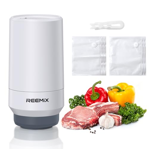 Reemix Handheld Vacuum Sealer with 10 Reusable Bags (10"x13.8" & 11.8"x13.5"), Wireless Rechargeable Food Vacuum Sealer for Sous Vide, Meal Prep, BPA-Free, Portable & Space-Saving
