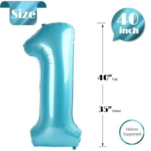 Image of 40 Inch Pearlescent Blue 1 Balloon for First Birthday, 1st Number Balloons Birthday Decorations, One Giant Number 1 Balloon