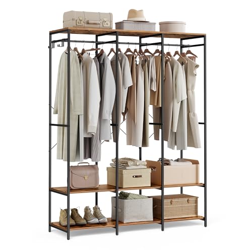 SONGMICS Clothes Rack, Iron and Wood Wardrobe Closet Organizer, Heavy Duty Garment Rack with Hanging Rods, Closet Shelves, Removable Hooks, 15.7 x 55.5 x 70.9 Inches, Rustic Brown URGR005B01