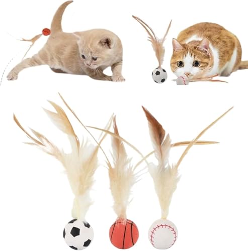 3PCS Cat Feather Ball Toy Set - Elastic Bouncy Cat Toys with Feather Tails, Silicone Rolling Balls for Indoor Cats & Kitten Exercise