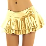 Agoky Damen Sexy Gogo Rock Metallisch Mini Röckchen gefaltet Tanzrock Minirock mit Rüschen Nachtclub Bar Raver Outfits Gold XL
