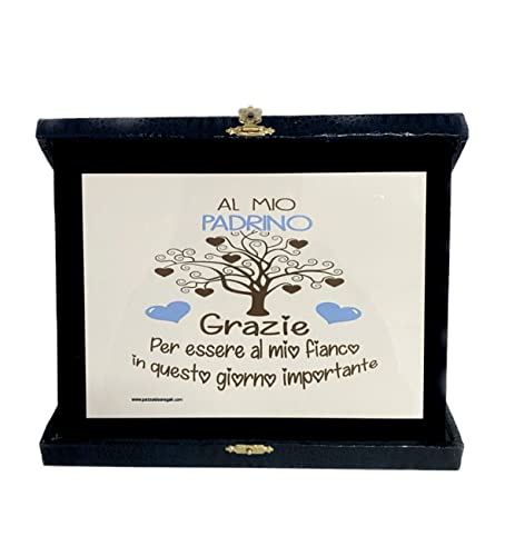Regali Pazza idea Scatola con Targhetta al Mio Padrino - 21x16x2,5 cm - Legno e Carta - Elegante e Personalizzata - Regalo Speciale - Collezione Padrino