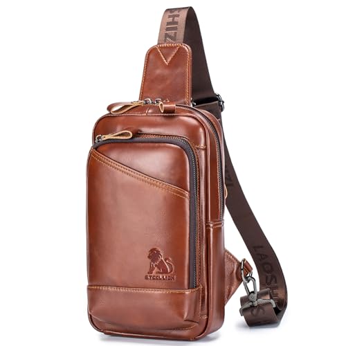 STEELLION Mens Leather Sling Bag Large Chest Bag with 3 Card Slots