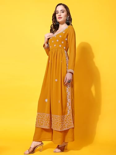 Image of PH POSHAKHUB Women A-Line Nyra Cut Kurta with Sharara in Georgette with Aari Work