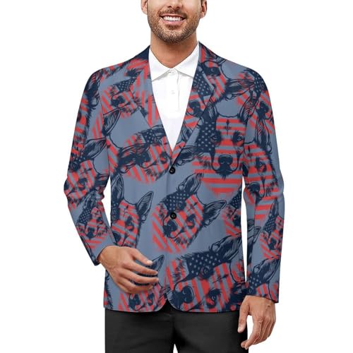 German Shepherd Dog U.S. Flag Men's Slim Suit Long-Sleeve Prom Tuxedo Classic Two Button Business Jacket