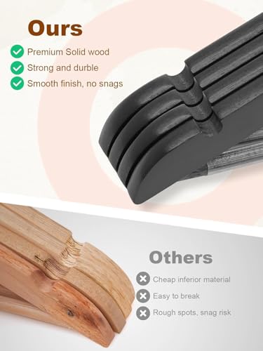 Image of GINOYA BROTHERS Walnut Wooden Suit Hangers 24 Pack with Non Slip Pants Bar - Smooth Finish Solid Wood Coat Hanger for Camisole, Jacket, Pant, Dress Clothes Hangers (Black: 10)