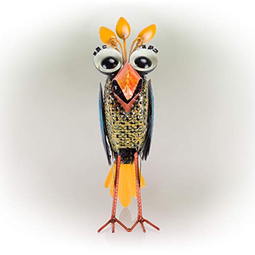 Alpine Corporation Jum452Hh Alpine 12" Tall Metal Wide-Eyed Bird Standing Yard Statue Decoration, Multicolor Outdoor Décor #TOP7