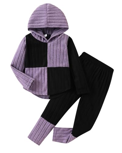 Image of Toddler Kid Girls Clothes Ribbed Color Block Long Sleeve Hoodie Sweatsuit Set Fall Outfits