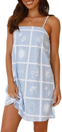 ROAONOCOMO Women Boho Graffiti Cami Mini Dress Spaghetti Strap Printed A Line Short Dress Cute Colorful Sundress