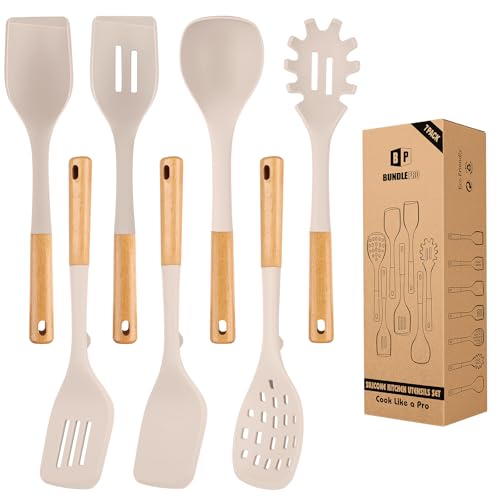Silicone Kitchen Utensil Set for Non Stick Cookware, 7 Pcs Heat Resistant Cooking Utensils with Wooden Handle, BPA Free Kitchen Tools with Spatulas, Spoons, Skimmer and Pasta Fork (Khaki)
