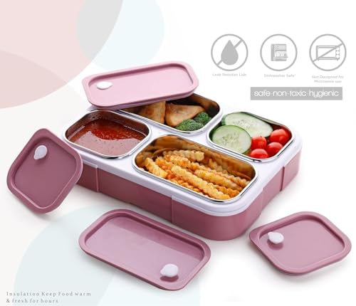 Image of Premium Insulated Steel 4 Compartment Lunch Box for School Office Use | Food Grade Sealed Leak-Proof Steel Containers with Air Vent Lock | Lunch Box for Kids Women Boys Girls