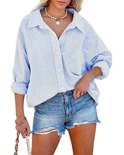 Flowyair Women's Oversized Button Down Shirts Business Casual Long Sleeve Blouse Work Striped Tops2