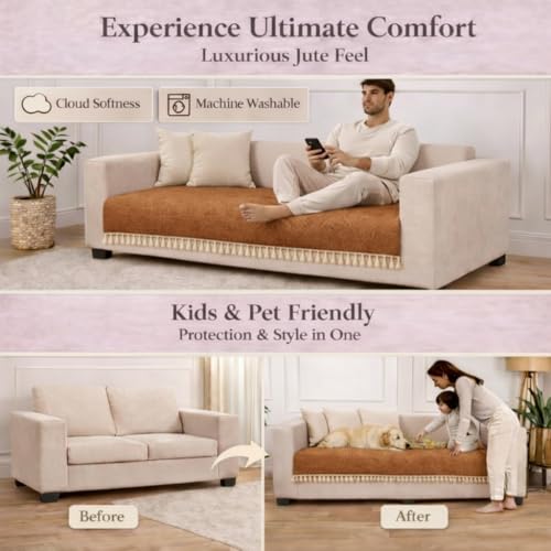 Image of STITCHNEST Jute Sofa Cover - Brown, 70x30 Inch | Soft Textured Fabric with Tassel| Sofa for Living Room Decor