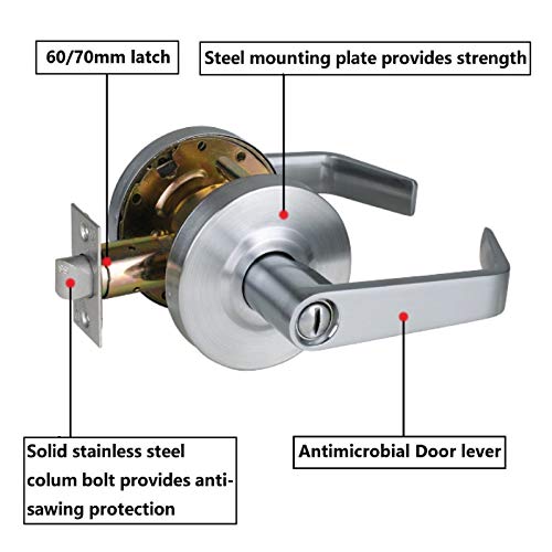 Heavy Duty Grade 2 Privacy Door Lever, Protective Coating Satin Chrome Finished Keyless Commercial Door Handle, Ul 3 Hour Fire Rated Ergonomic Lever For Interior Bath/Bedroom, 70Mm Latch #TOP4