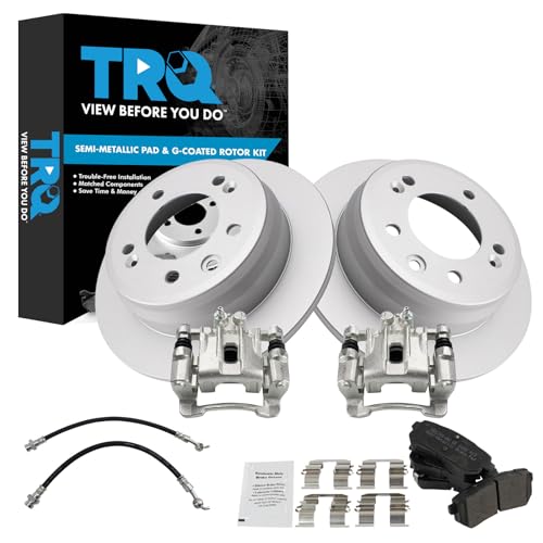 Image of TRQ Rear Brake Pad and Rotor Set Semi Metallic Coated Rotors Calipers Hoses Compatible with 2010-2015 Hyundai Tucson 2011-2016 Kia Sportage