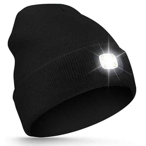 LOOBOAKY Unisex LED Beanie Hat with Light, Rechargeable Headlamp Cap, LED Beanie with Light, Winter Warm Knitted Hats for Running Hiking Camping, Winter Gifts for Men Women Husband Him