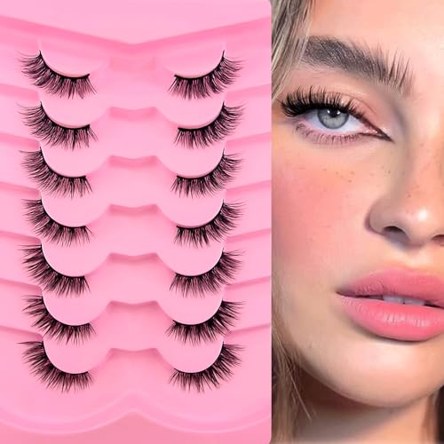 7 paires de demi-cils Cat eye, 12mm Court œil de chat Cils artificiels look naturel, 1/2 coin Faux cils Set, 3/4 Corner Cils Réutilisables Cils de maquillage légers(A06)