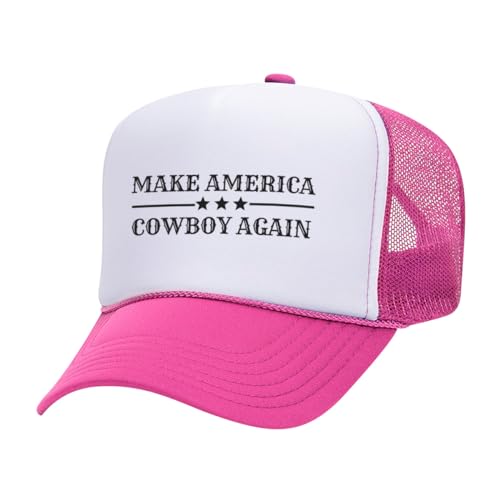 TeesAndTankYou Make America Cowboy Again Foam Trucker Cap Adjustable Mesh Back Hat White/Hot Pink